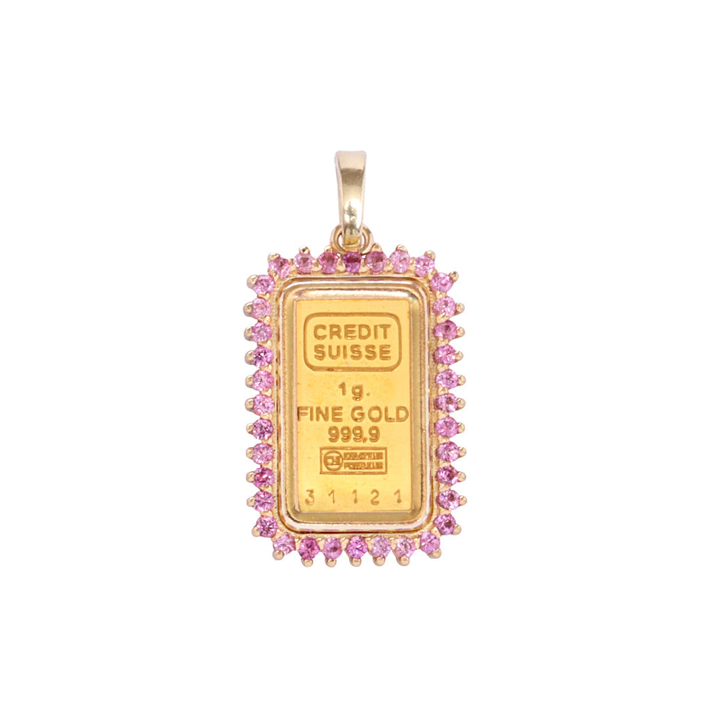 1 gram gold bar with light pink sapphire