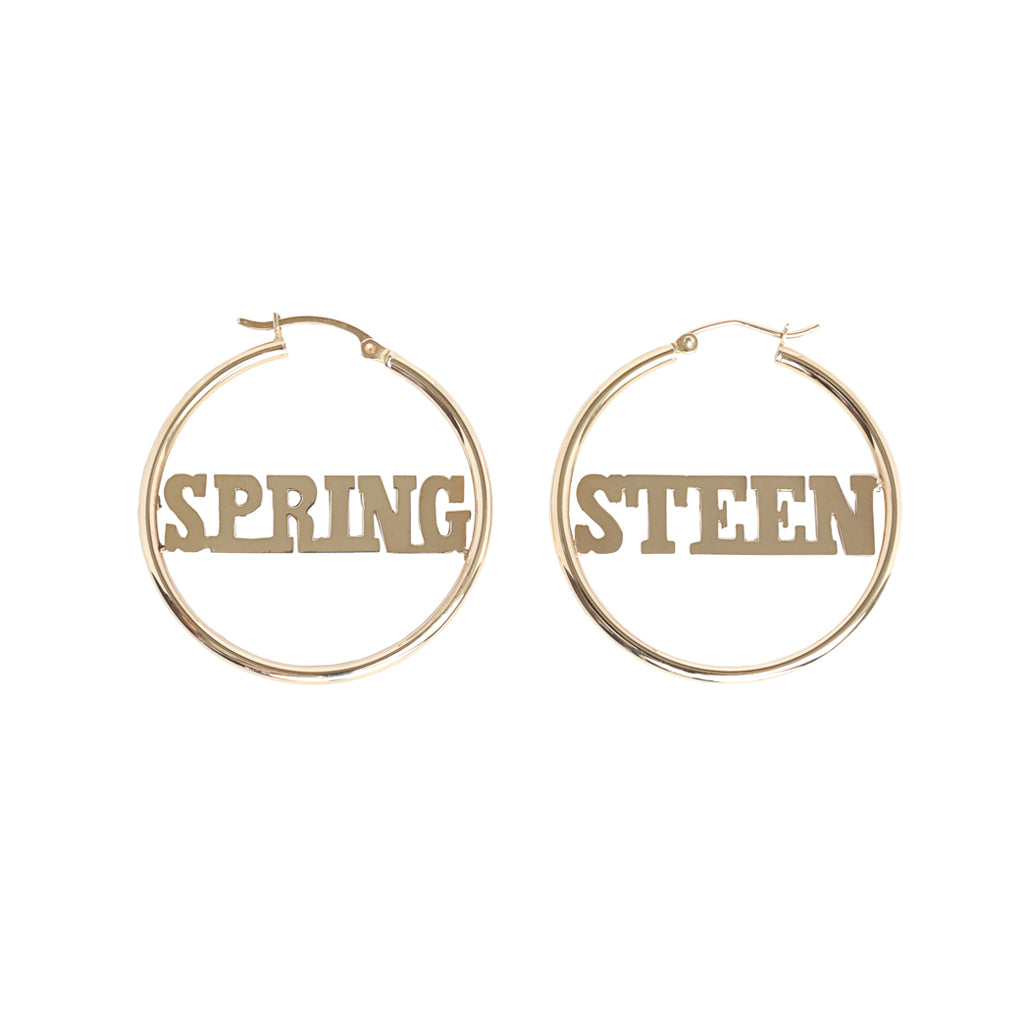 14k gold hoops with words springsteen